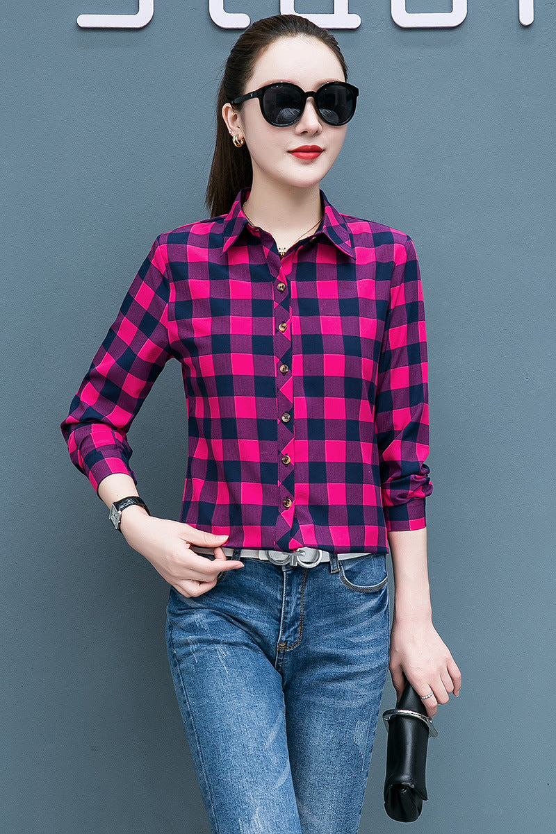 Women's Long Sleeve Cotton Plaid Shirt for Work