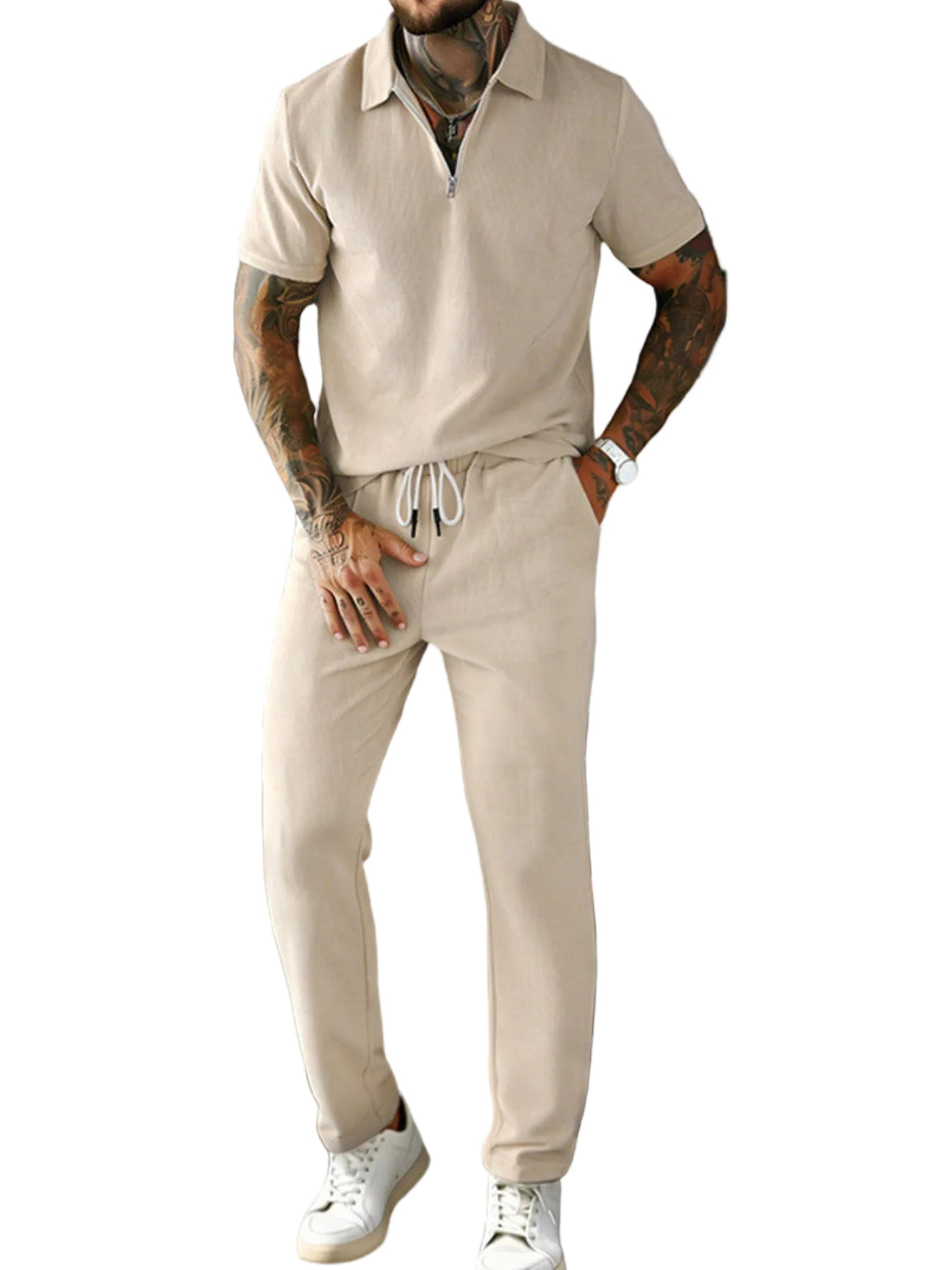 Men's Full Size Casual Zipper Polo Shirt and Drawstring Pants Set Plus Size - cas7m