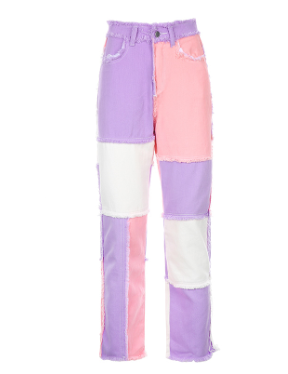 Casual High Waist Mixed Color Wide Leg Denim Jeans