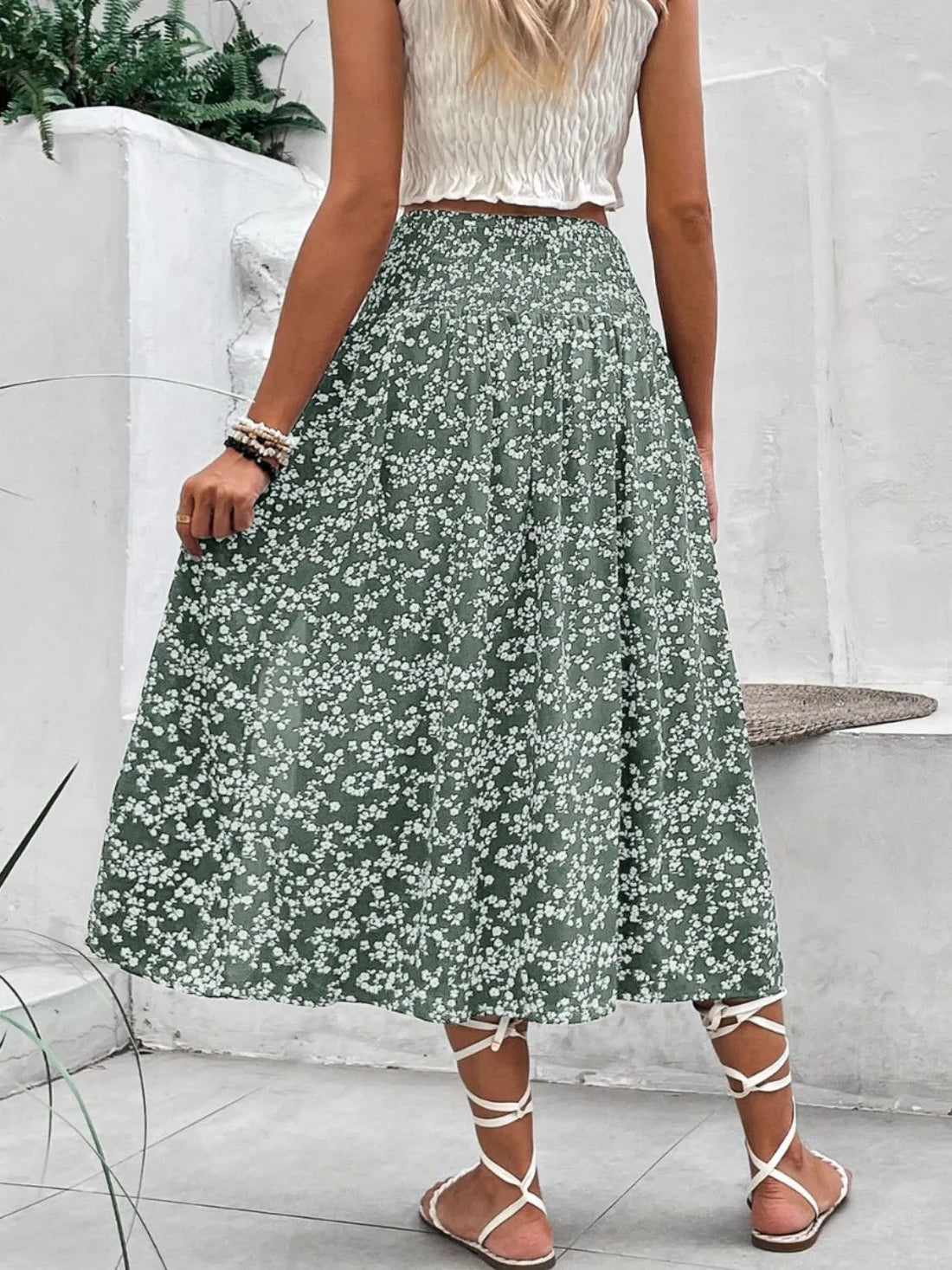 Slit Smocked Printed Skirt - cas7m