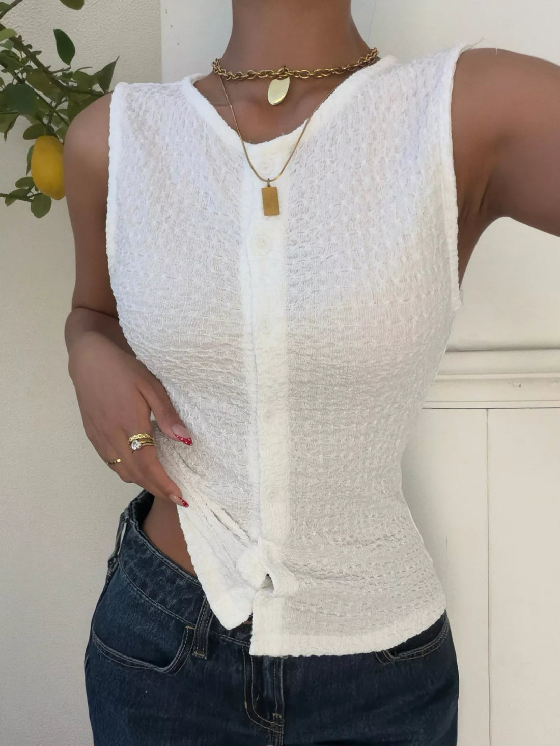 Textured Knit Button-Down Tank - cas7m