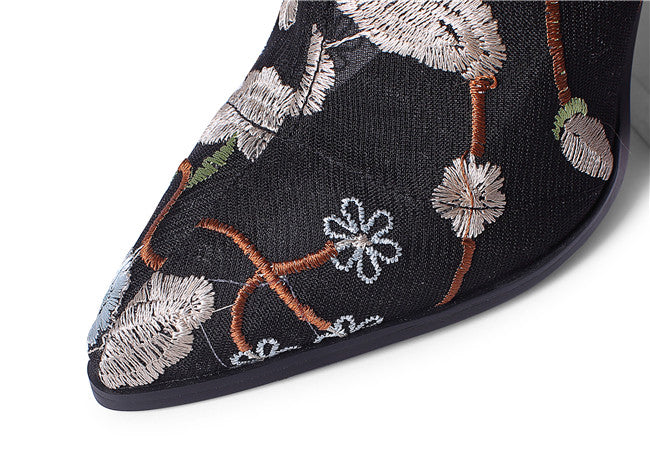 Pointed Toe High Heels with Embroidered Mesh Boots