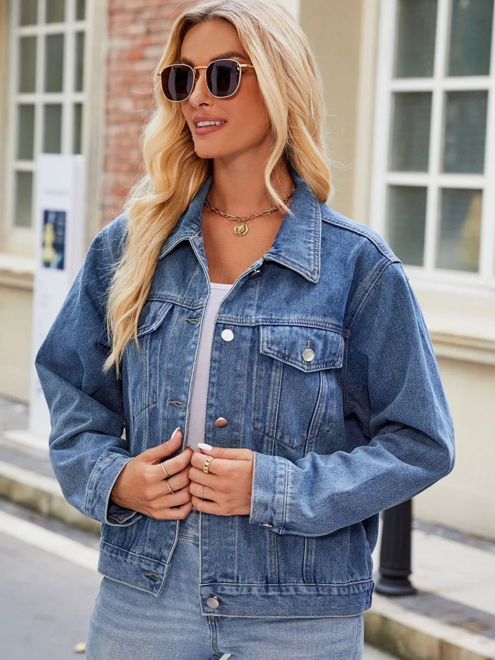 Pocketed Collared Neck Denim Jacket - cas7m