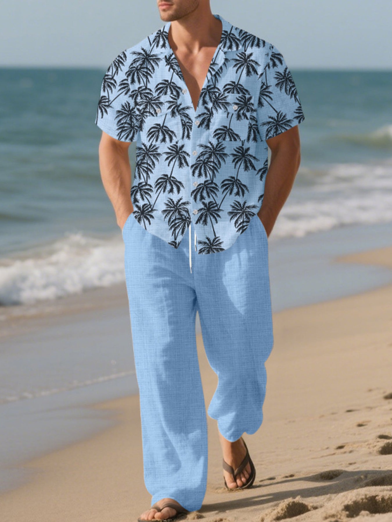 Men's Full Size Tropical Palm Print Button Up Shirt and Pants Set Plus Size - cas7m