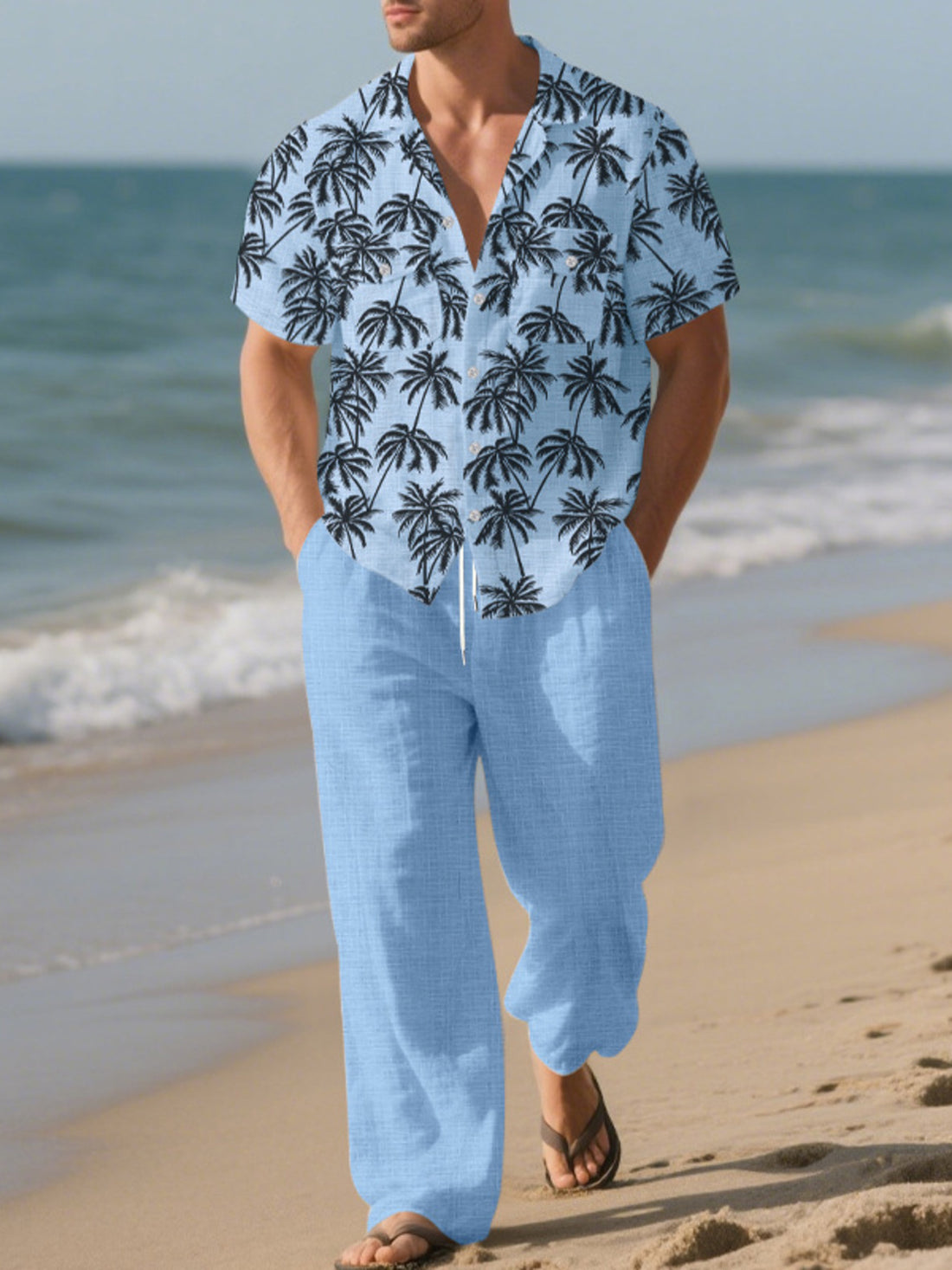 Men's Full Size Tropical Palm Print Button Up Shirt and Pants Set Plus Size - cas7m