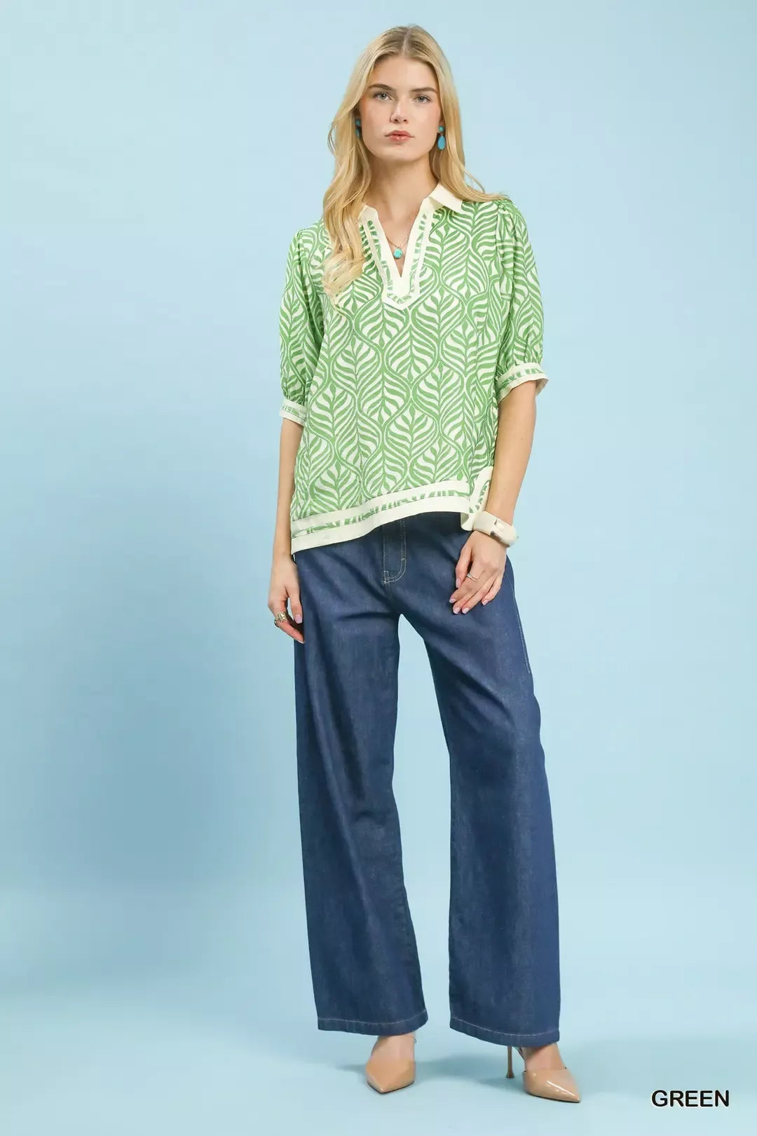 Umgee Geometric Leaf Print Popover Top - cas7m