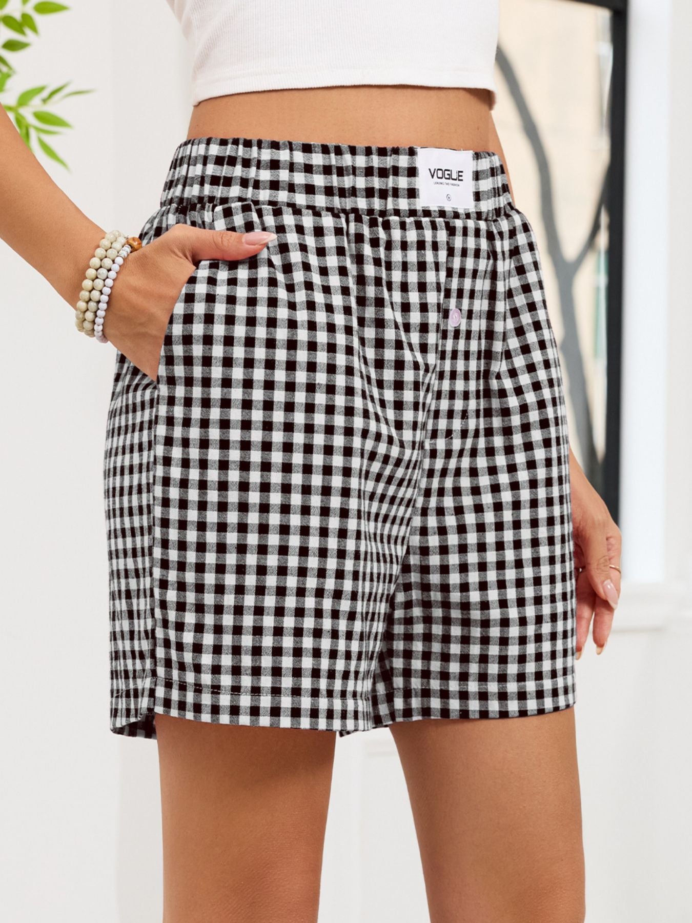 Gingham Elastic Waist Casual Shorts - cas7m