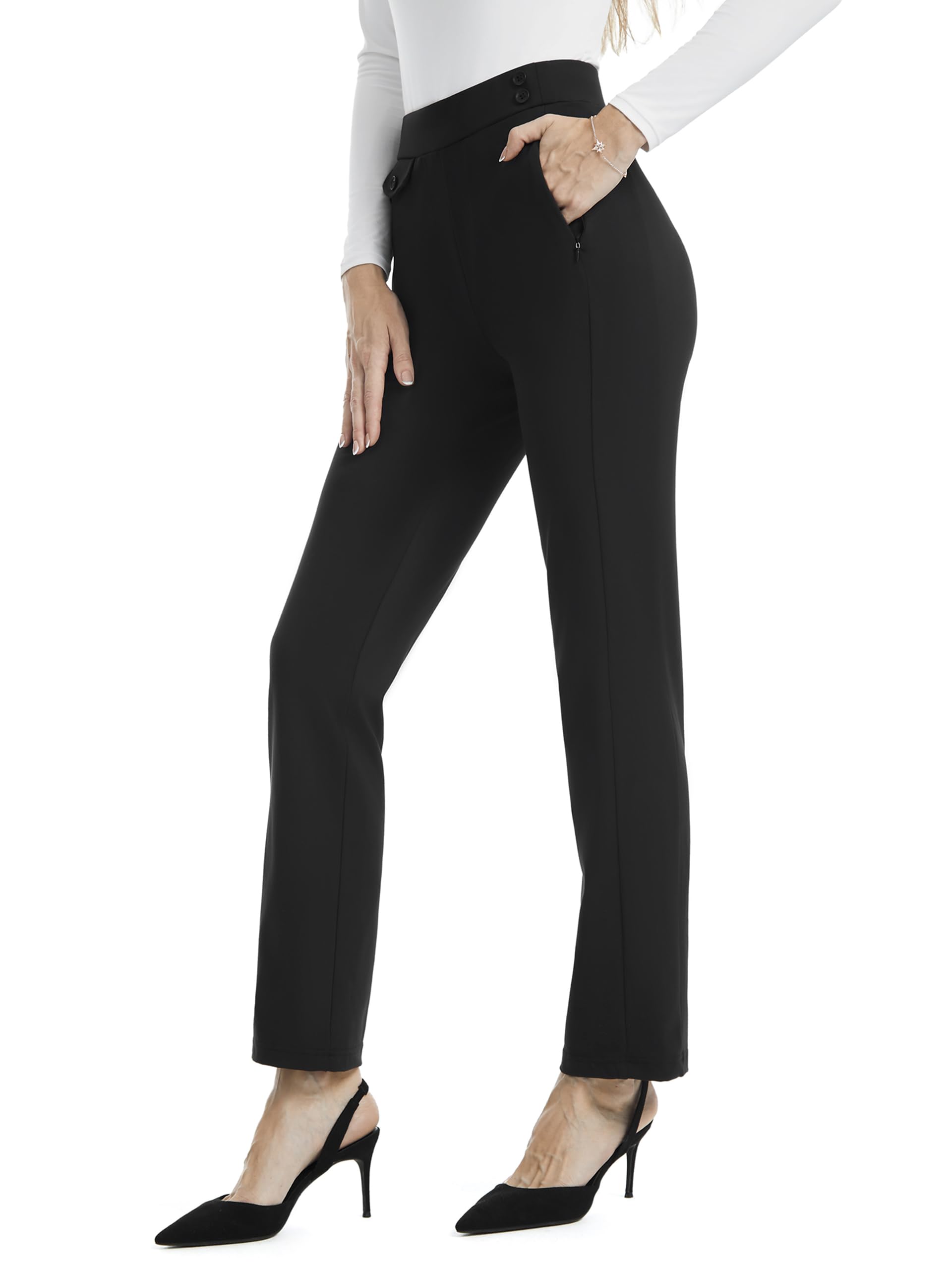 AFITNE Womens Yoga Dress Pants High Waisted Pull On Stretchy Straight Leg Slacks Office Business Casual Work Pants with Pockets 29" Black M