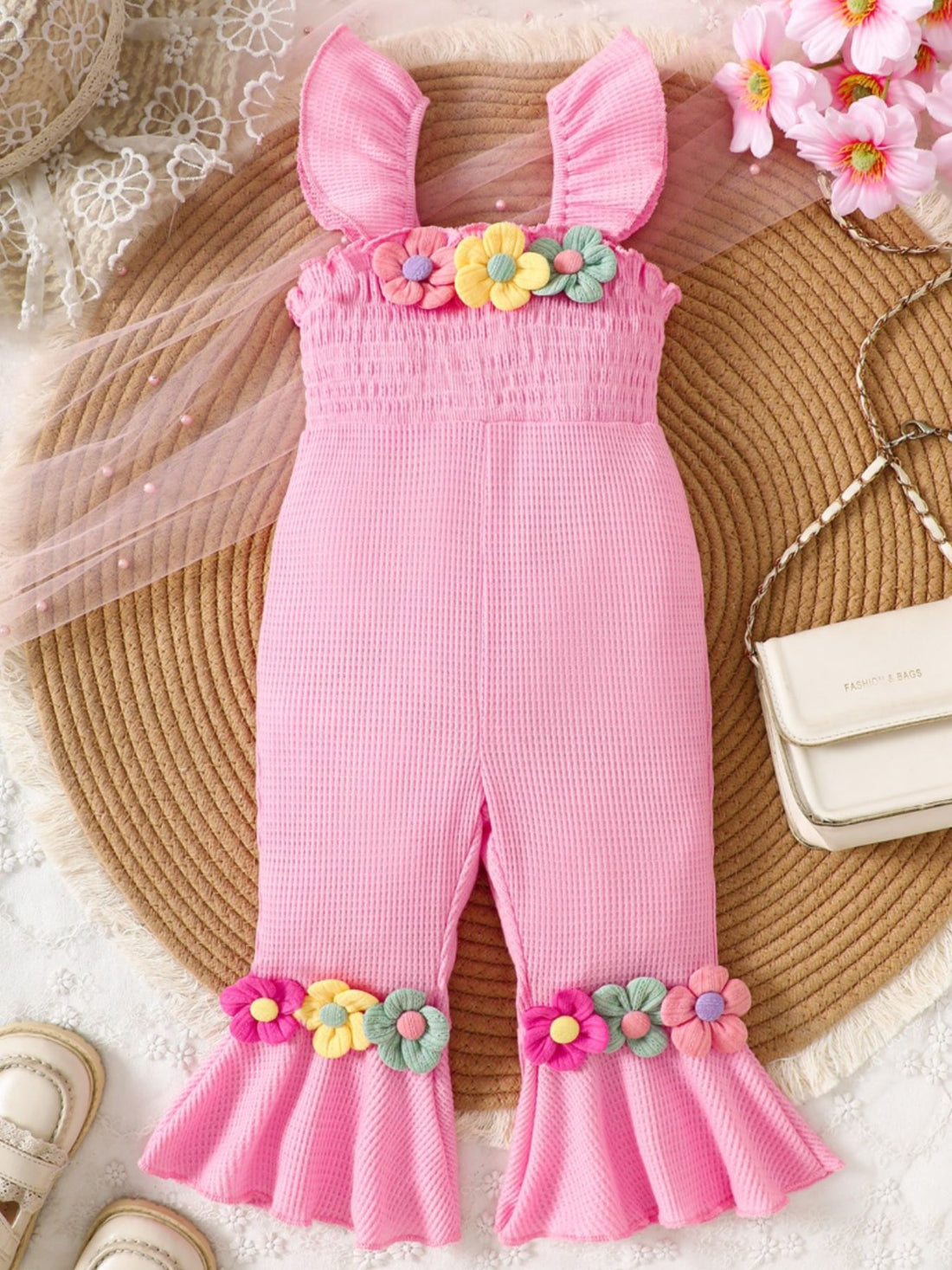 Children's Floral Decor Smocked Ruffle Hem Jumpsuit - cas7m