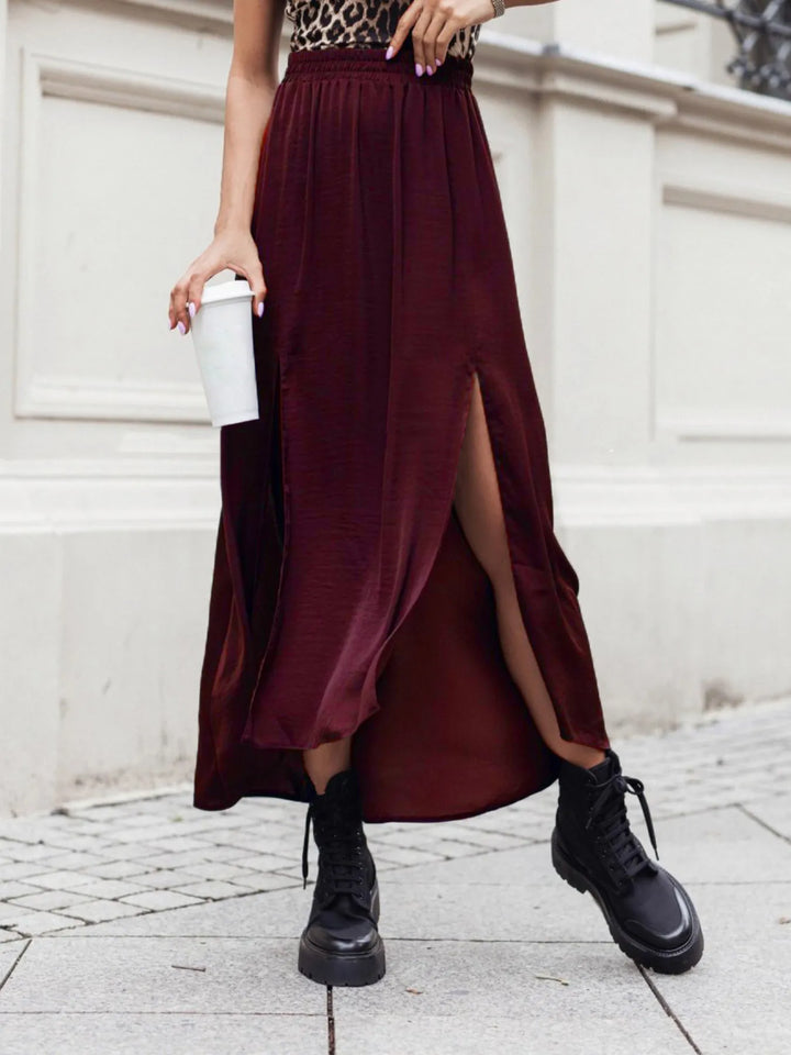 Elastic Waistband High-Slit Maxi Skirt - cas7m