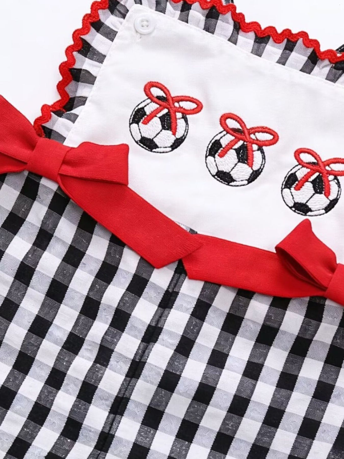Children's Gingham Soccer Ball Embroidered Ruffle Hem Jumpsuit - cas7m