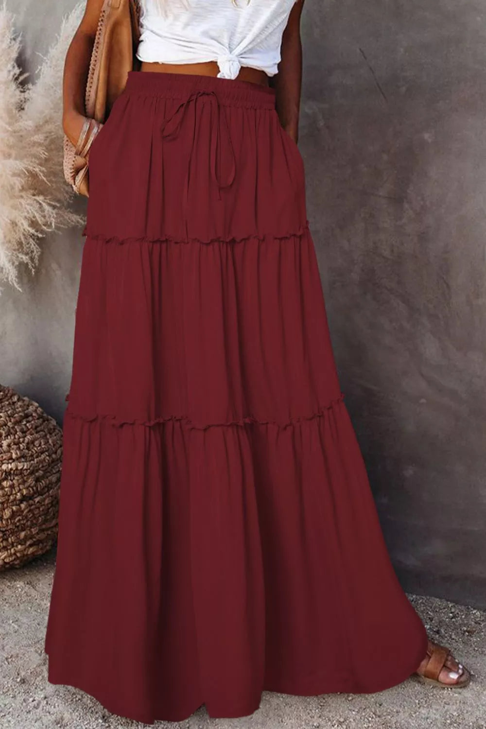 Frill Tiered Drawstring Waist Maxi Skirt - cas7m