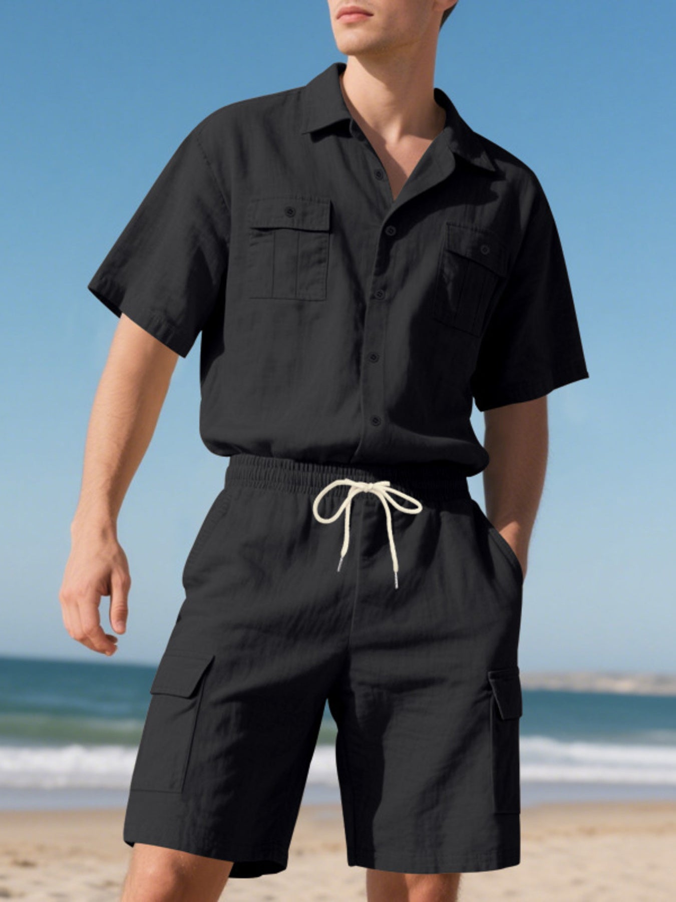 Men's Full Size Button Up Shirt and Shorts Set Plus Size - cas7m