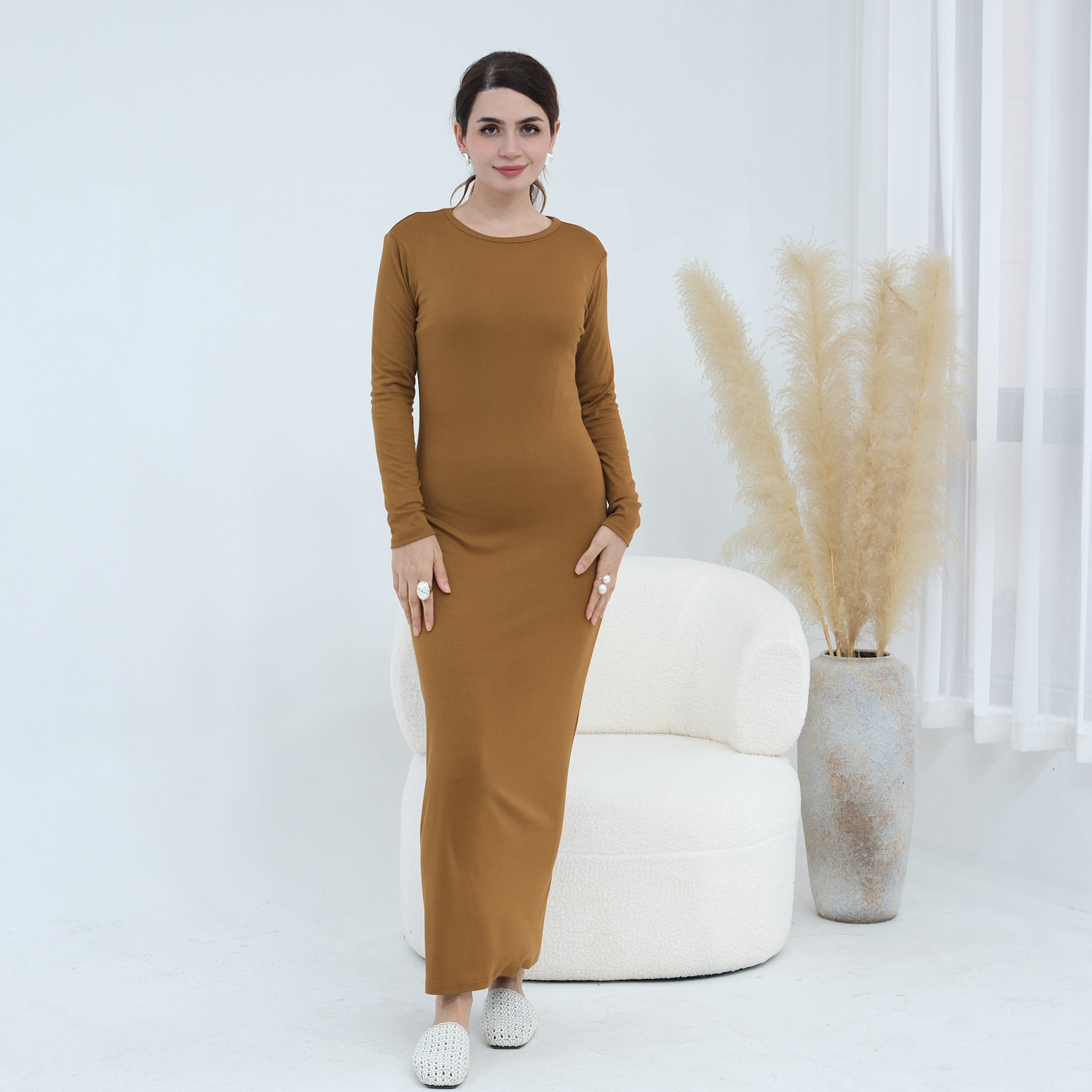 Plus-size Stretchy Long-sleeve Slip Dress - cas7m