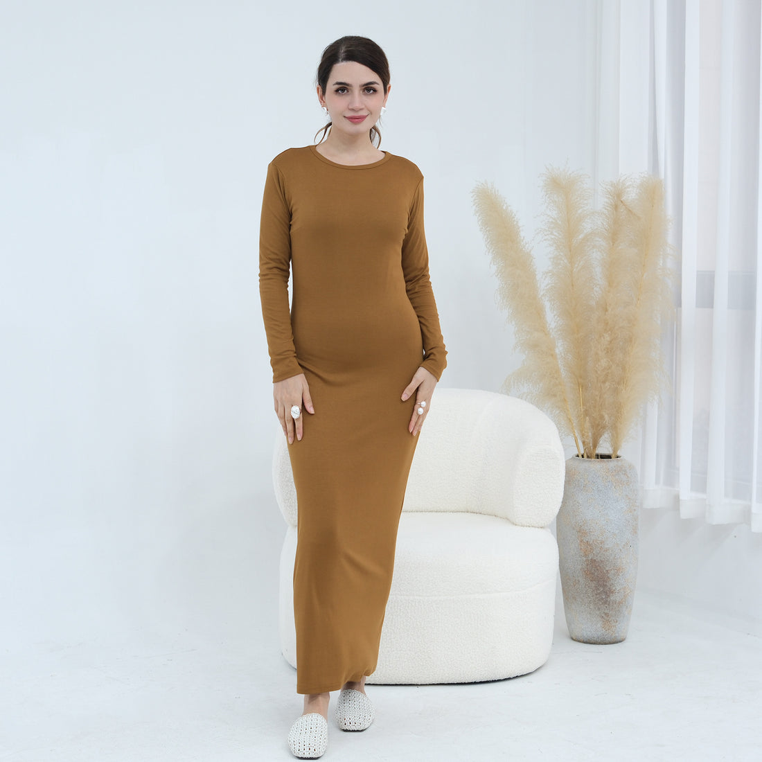 Plus-size Stretchy Long-sleeve Slip Dress - cas7m