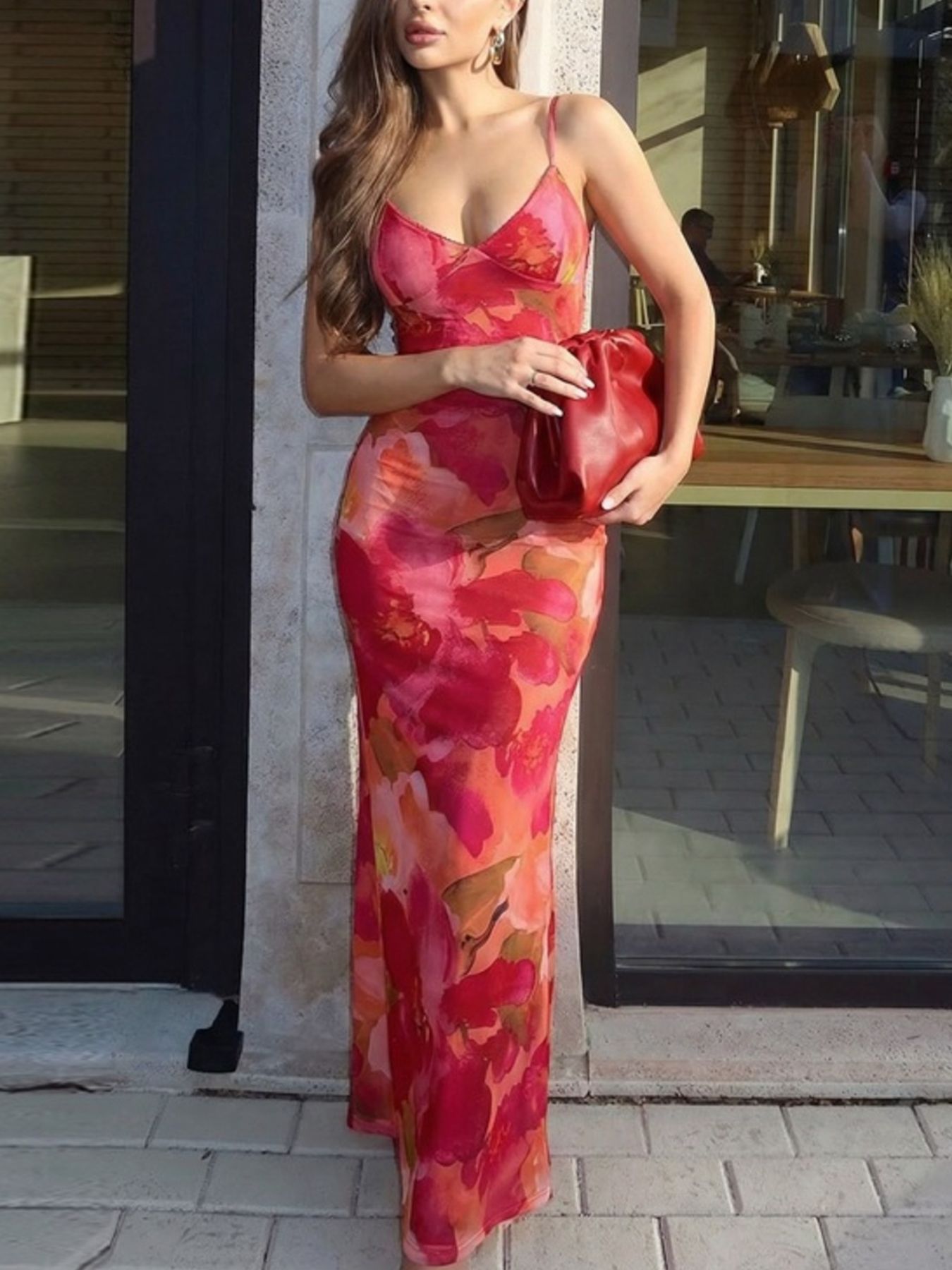 Floral Print Spaghetti Strap Bodycon Maxi Dress - cas7m