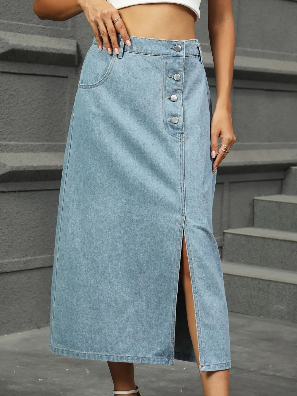 Slit Button Detail Denim Midi Skirt - cas7m