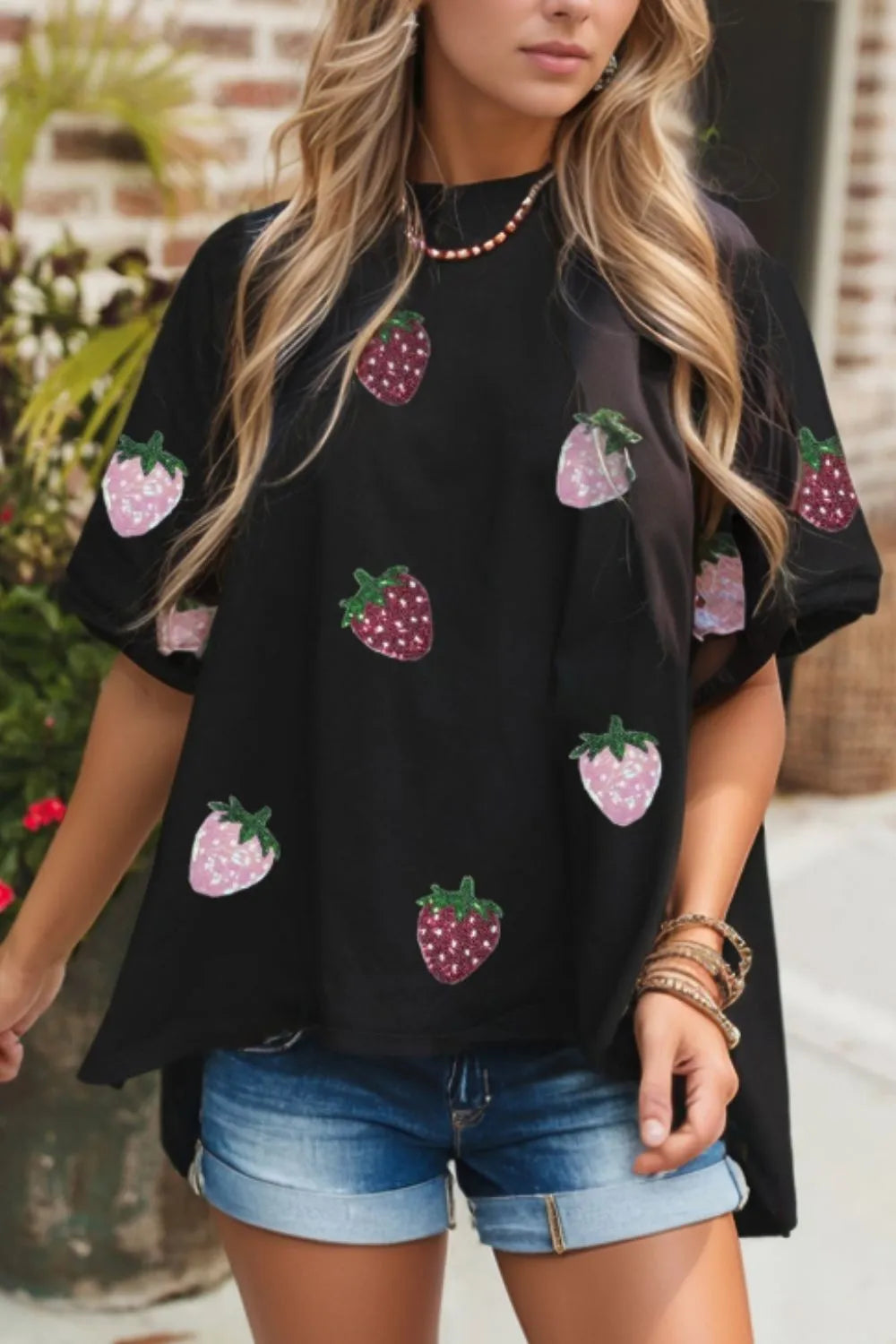 Sequin Strawberry High Low Half Sleeve Relaxed Fit T-Shirt - cas7m