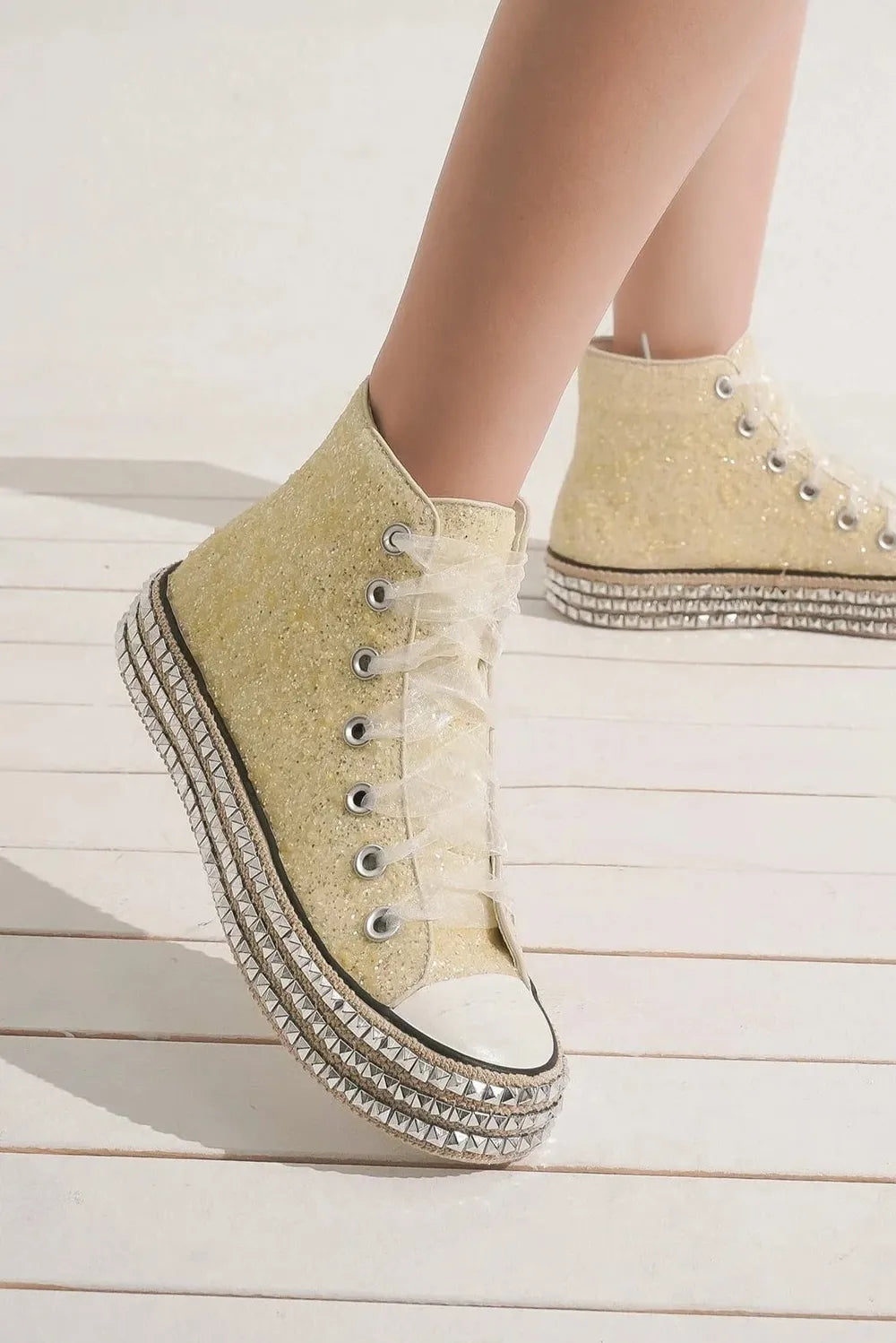 Beast Fashion Glitter Lace-Up Studded Platform Sneakers - cas7m
