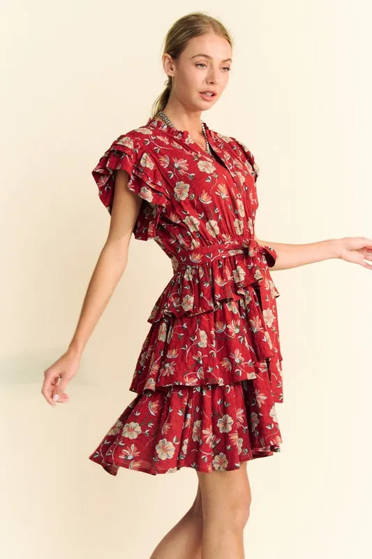 Davi & Dani Ruffle Flutter Sleeve Tie Belt Tiered Mini Dress - cas7m