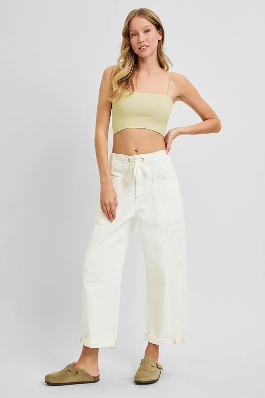RISEN Full Size High Rise Crop Wide Barrel Cargo Pocket Jeans Plus Size - cas7m