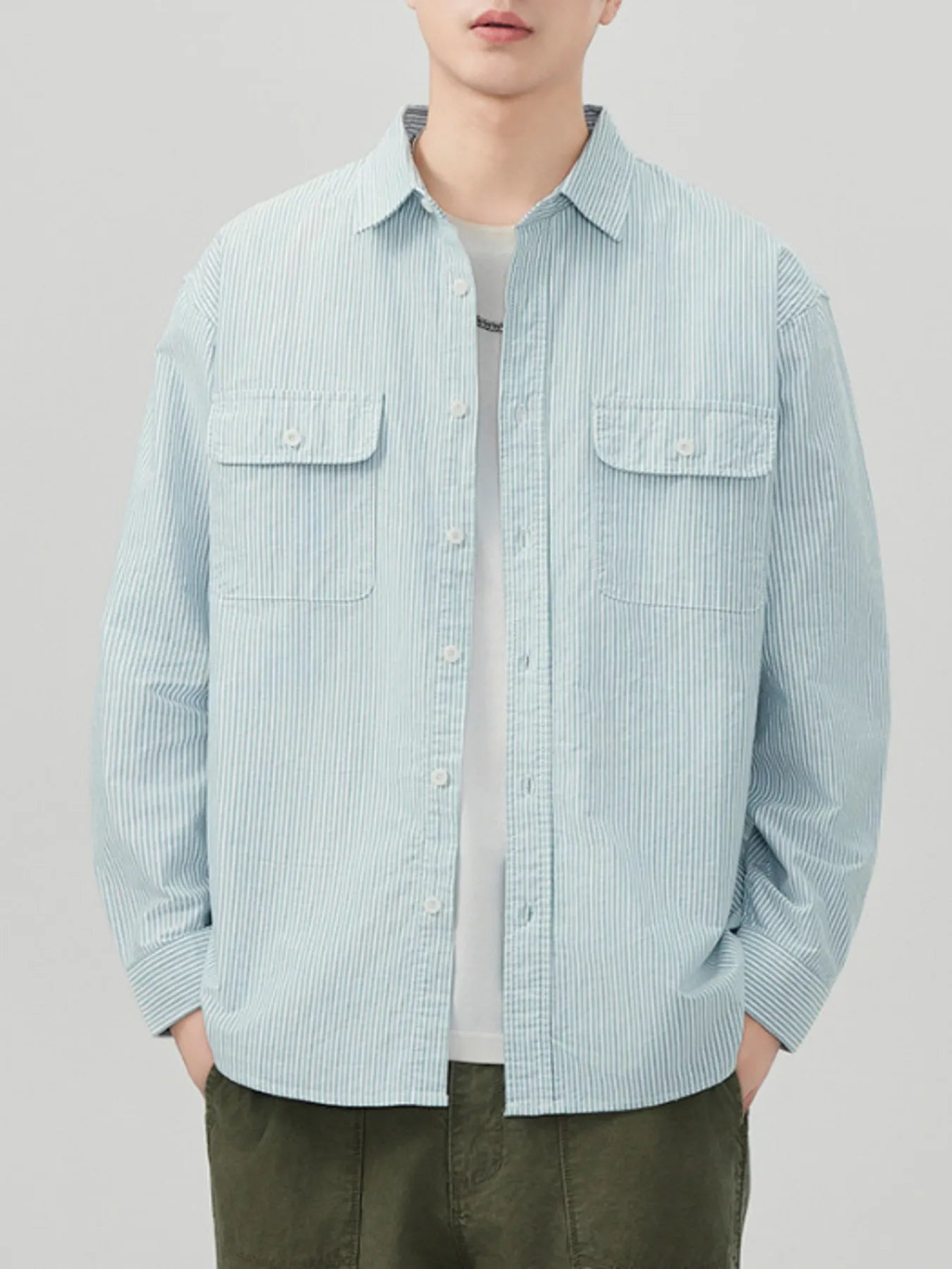 Men's Plus Size Striped Button Up Long Sleeve Shirt - cas7m