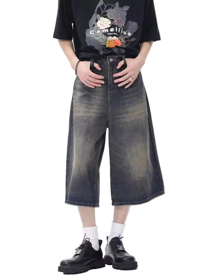 Men's Full Size Vintage Wash Wide Leg Denim Shorts Plus Size - cas7m