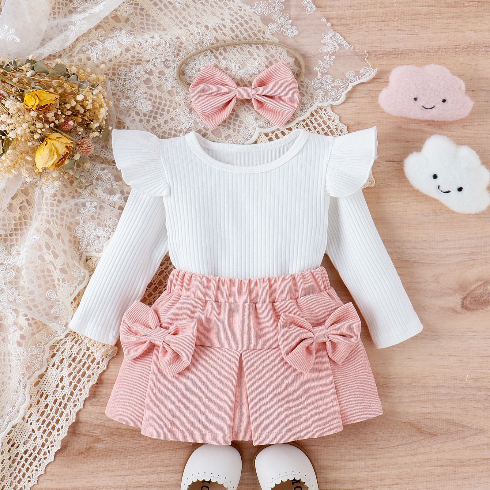 Infant Toddler Lace Bowknot Short Dress With Headdress Three-piece Set - cas7m