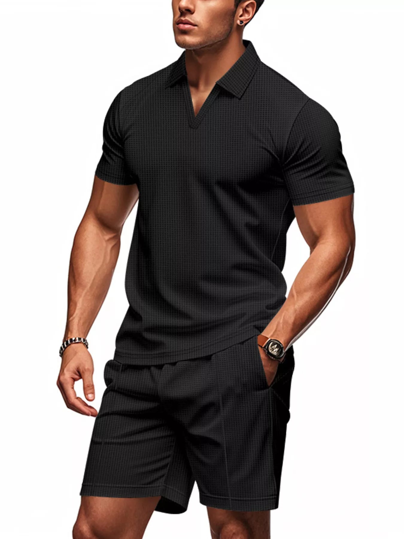 Men's Full Size Textured Short Sleeve Polo and Shorts Set Plus Size - cas7m