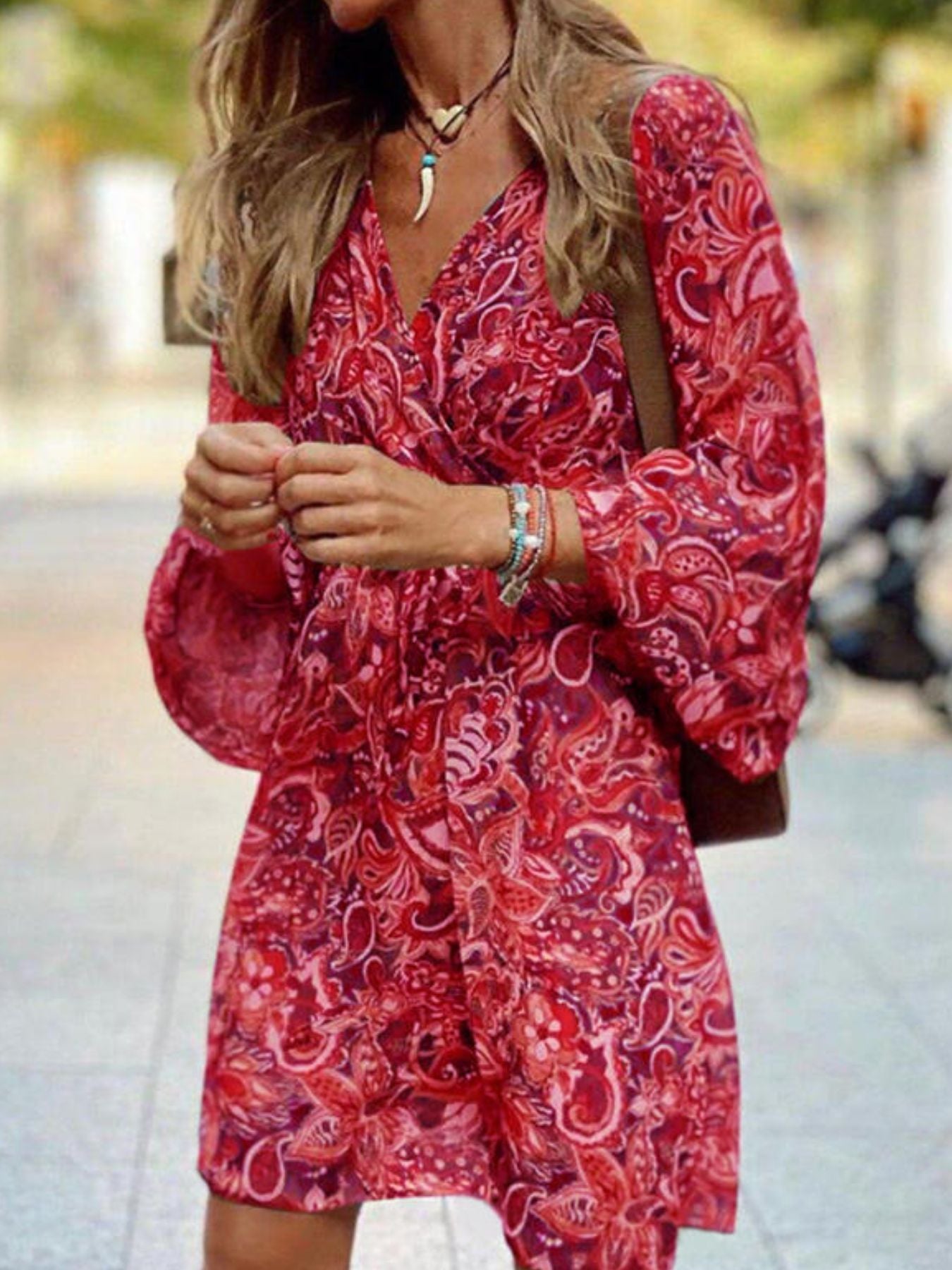Paisley Print Balloon Sleeve Mini Dress - cas7m