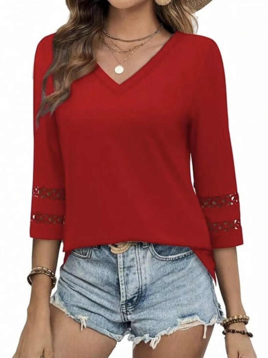 Full Size V-Neck 3/4 Sleeve T-Shirt Plus Size - cas7m