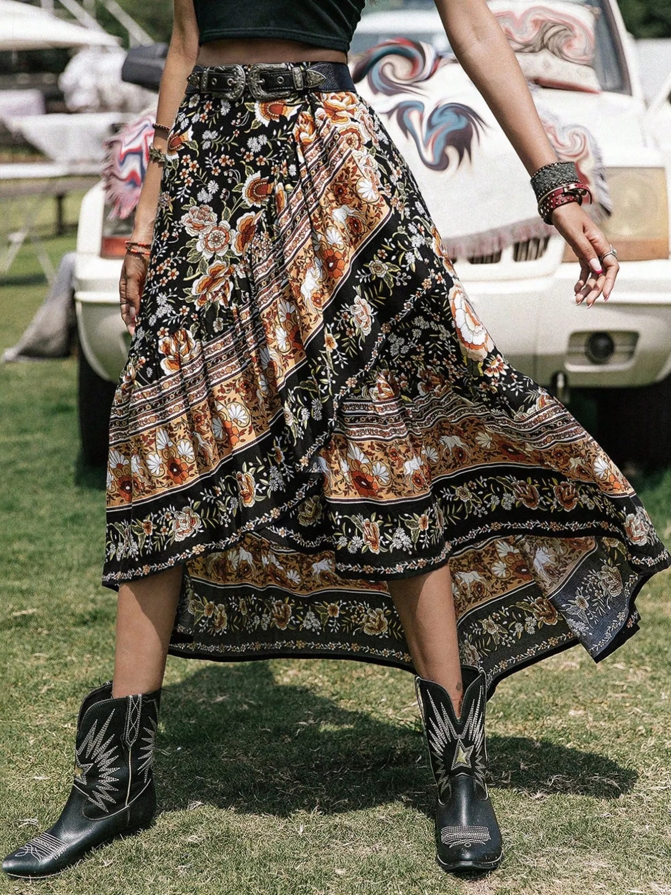 Plus Size Boho Floral Print High-Low Skirt - cas7m