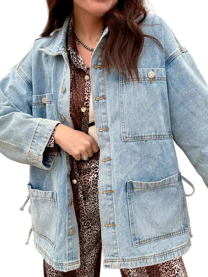 Patched Pockets Side Tie Denim Jacket - cas7m