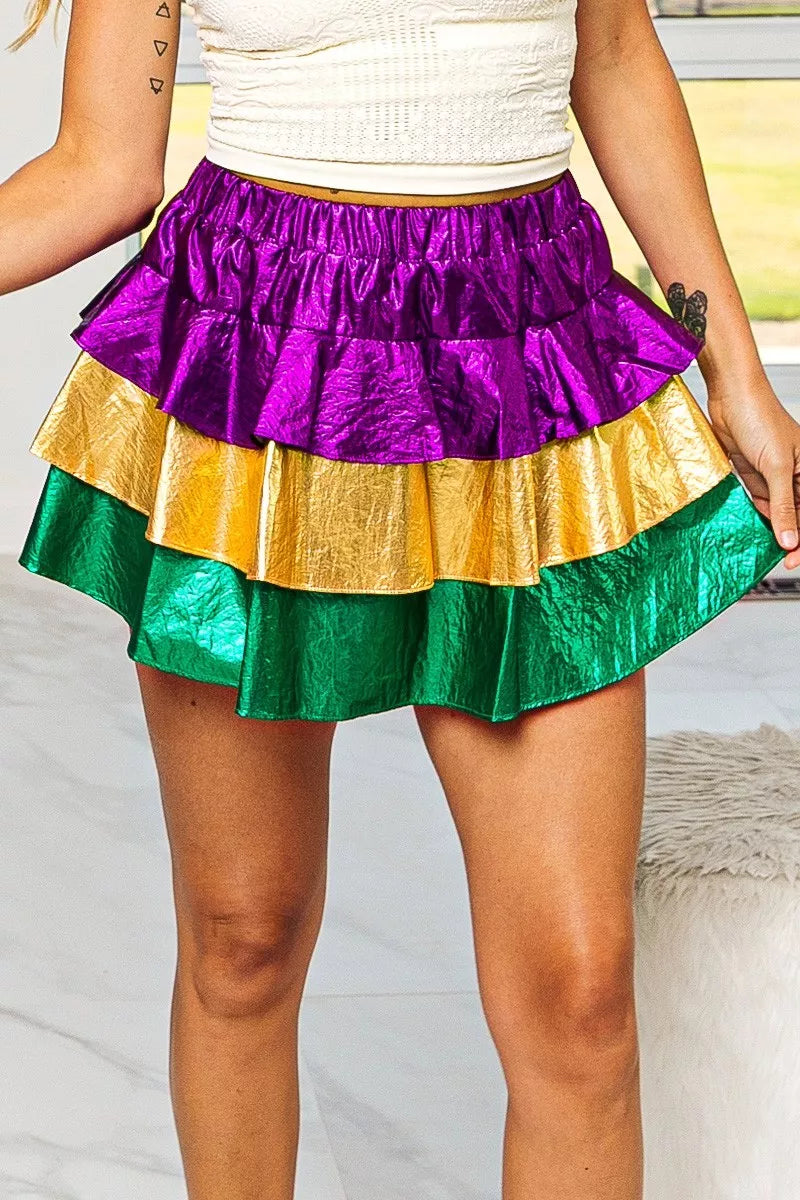 BiBi Mardi Gras Color Block Metallic Tiered Skirt - cas7m