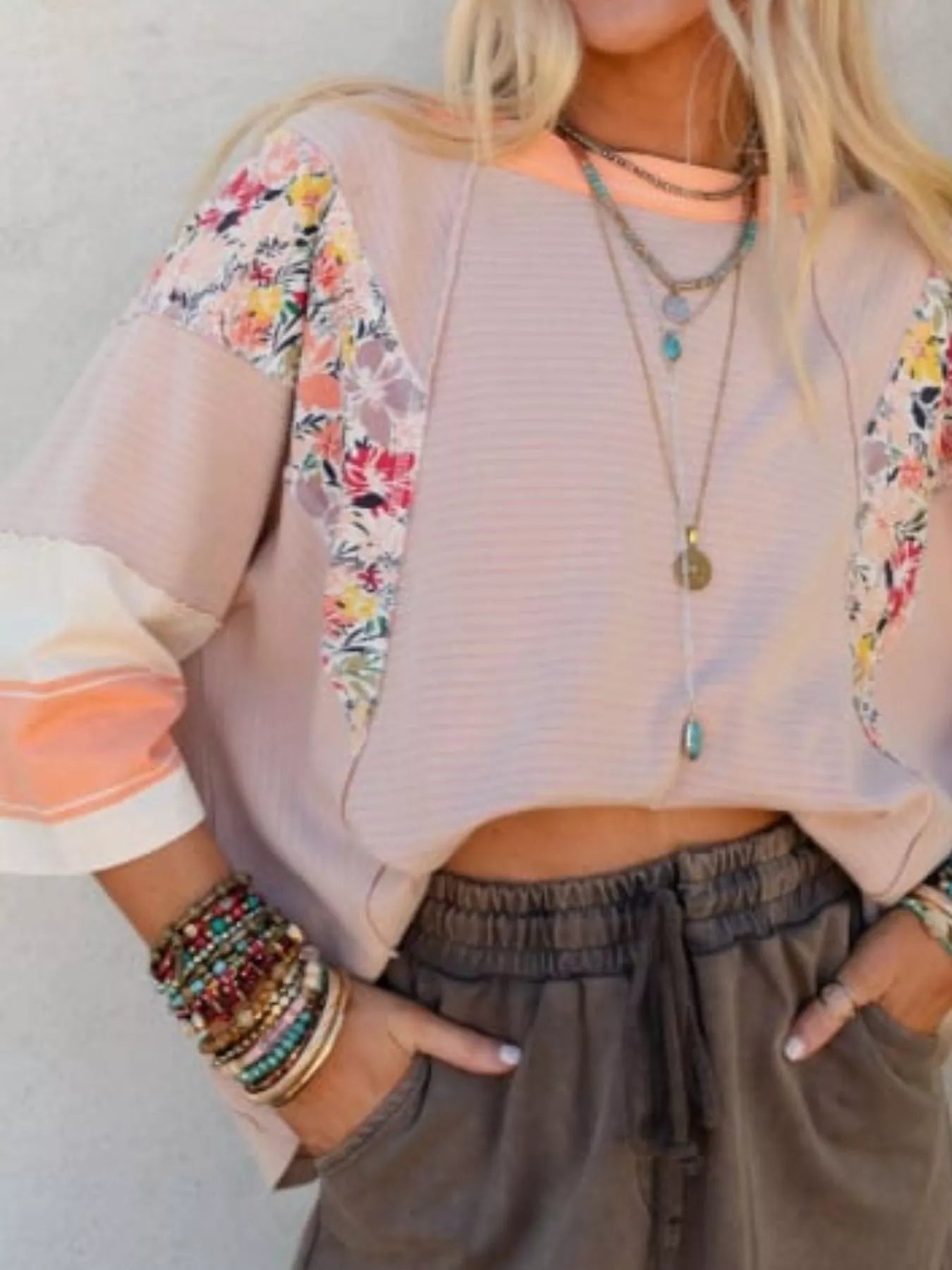 Striped Floral Long Sleeve T-Shirt - cas7m