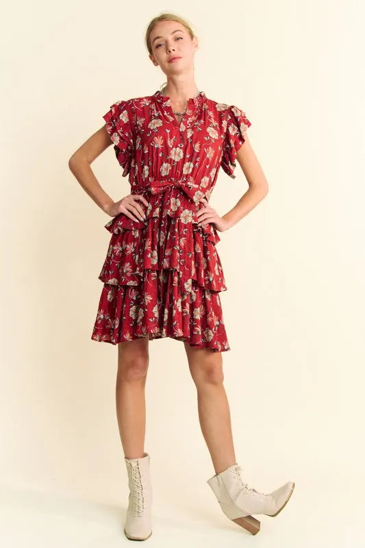 Davi & Dani Ruffle Flutter Sleeve Tie Belt Tiered Mini Dress - cas7m
