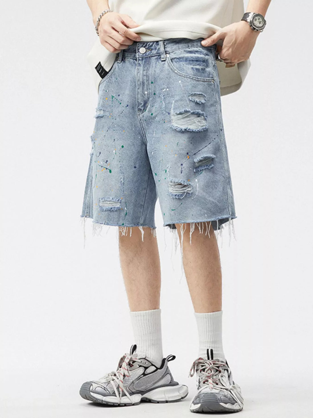 Men's Distressed Paint Splatter Denim Shorts - cas7m