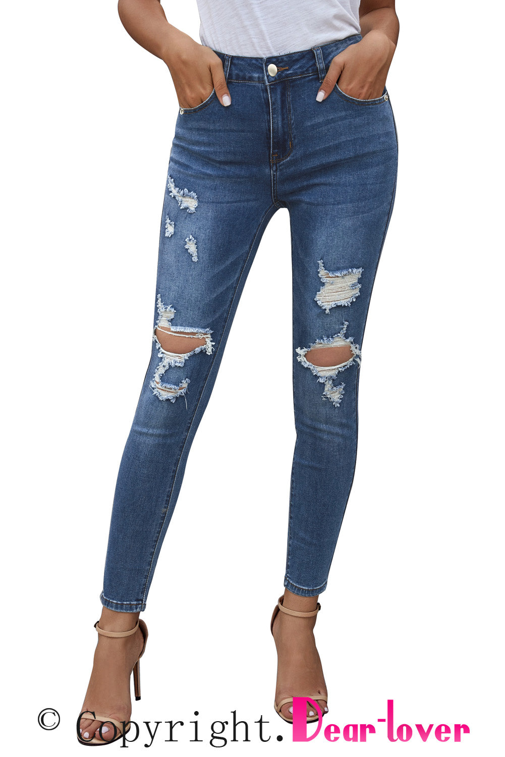 Blue Hollow Out Vintage Skinny Ripped Jeans - cas7m