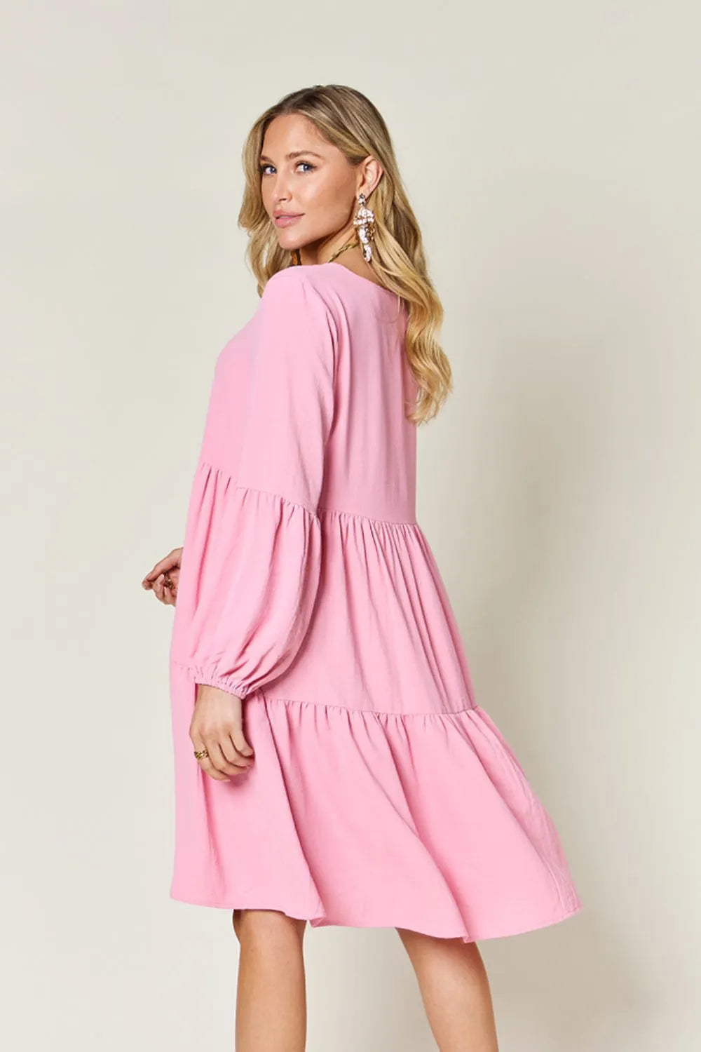 Double Take Full Size V-Neck Balloon Sleeve Tiered Dress with Pockets - cas7m