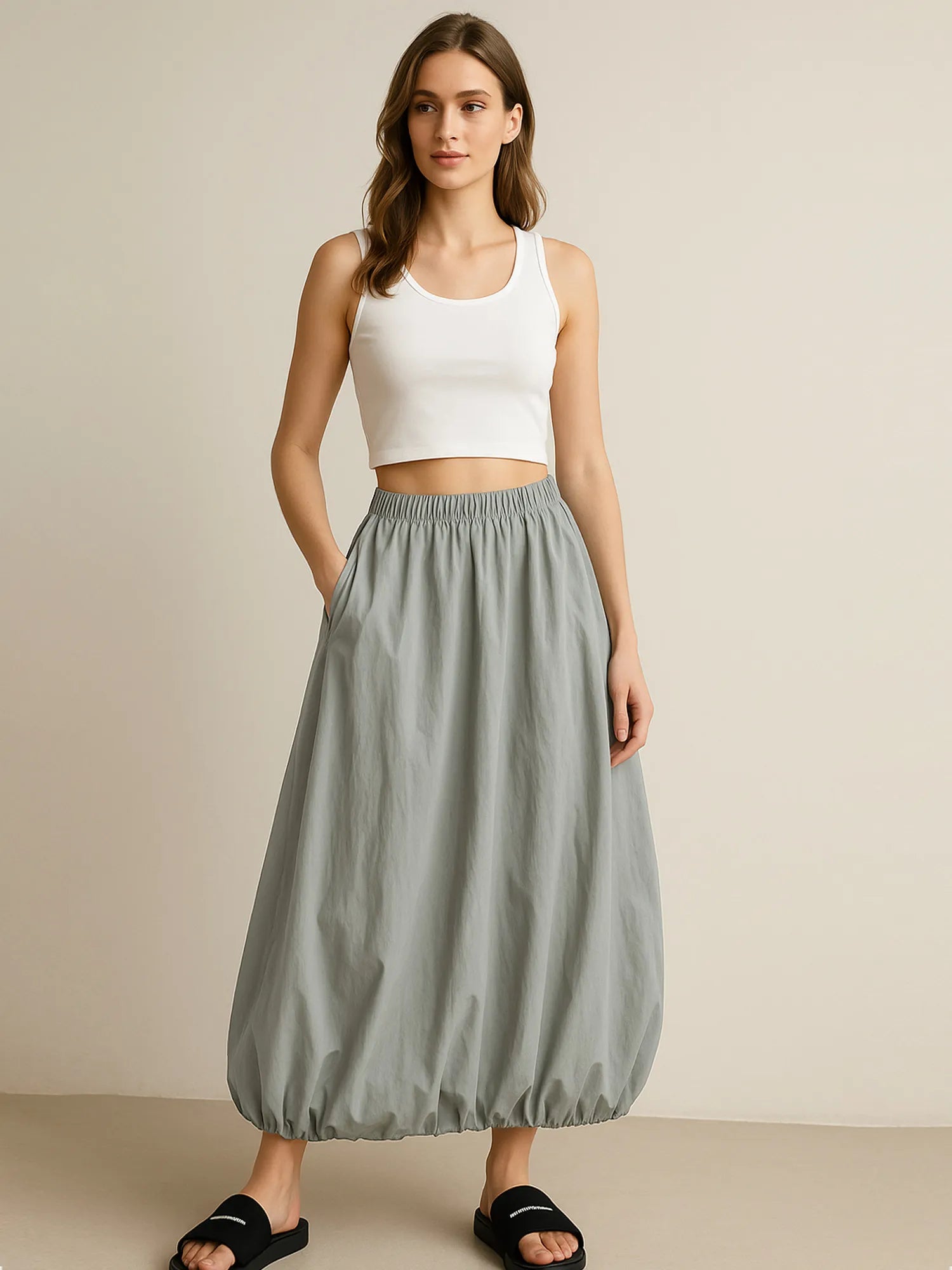 Elastic Waist Bubble Hem Maxi Skirt - cas7m