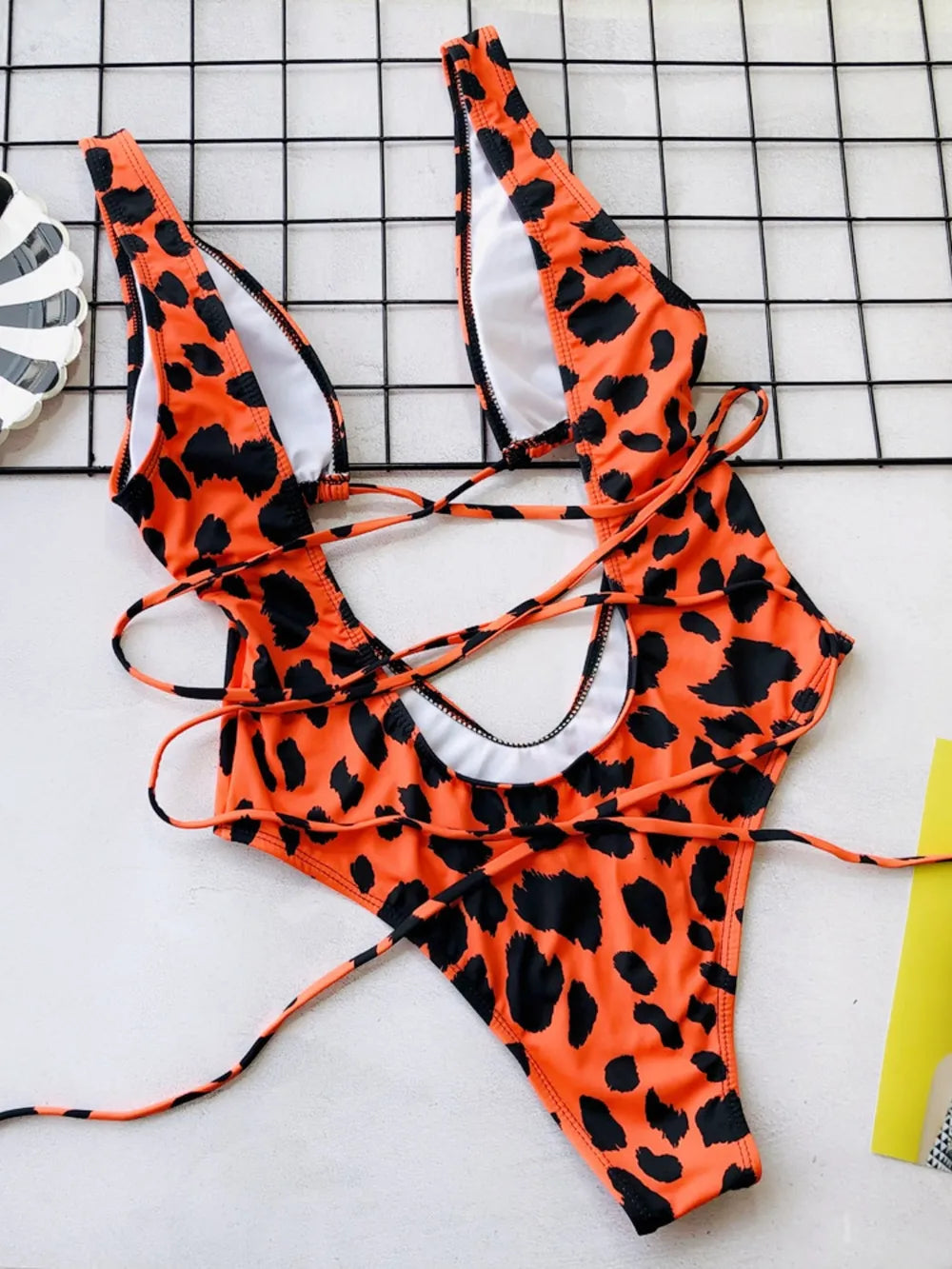 Lace-Up Backless Plunge One-Piece Swimwear - cas7m