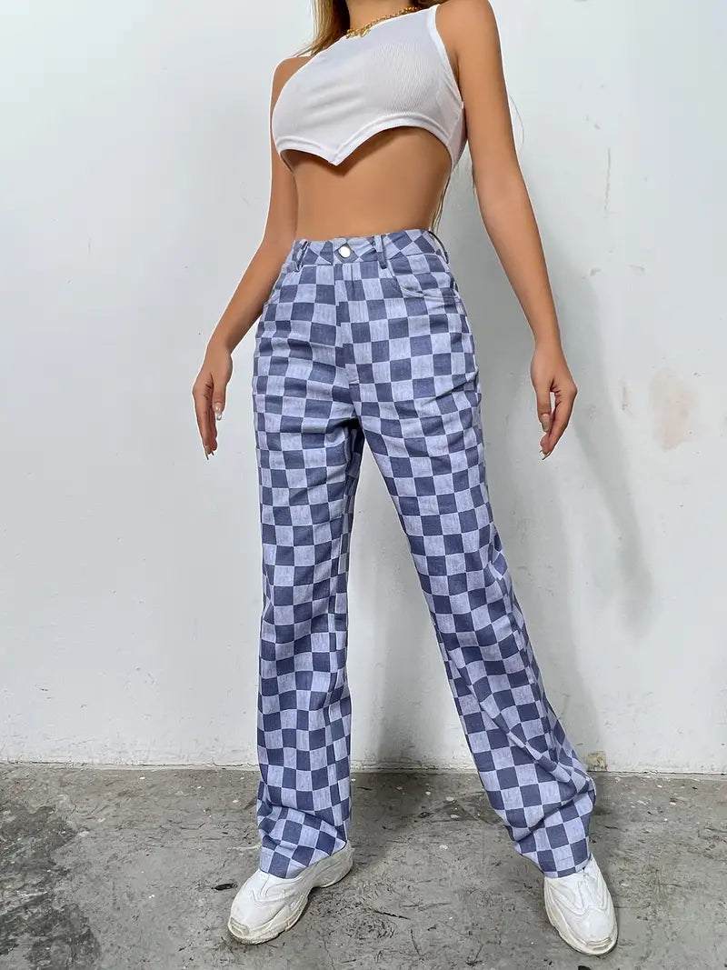 Colorblock Plaid High Waist Wide Leg Denim Jeans - cas7m