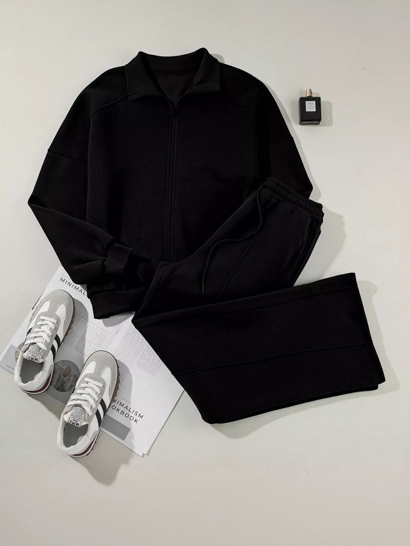 Drop Shoulder Zip Up Jacket and Drawstring Pants Active 2pcs Set - cas7m
