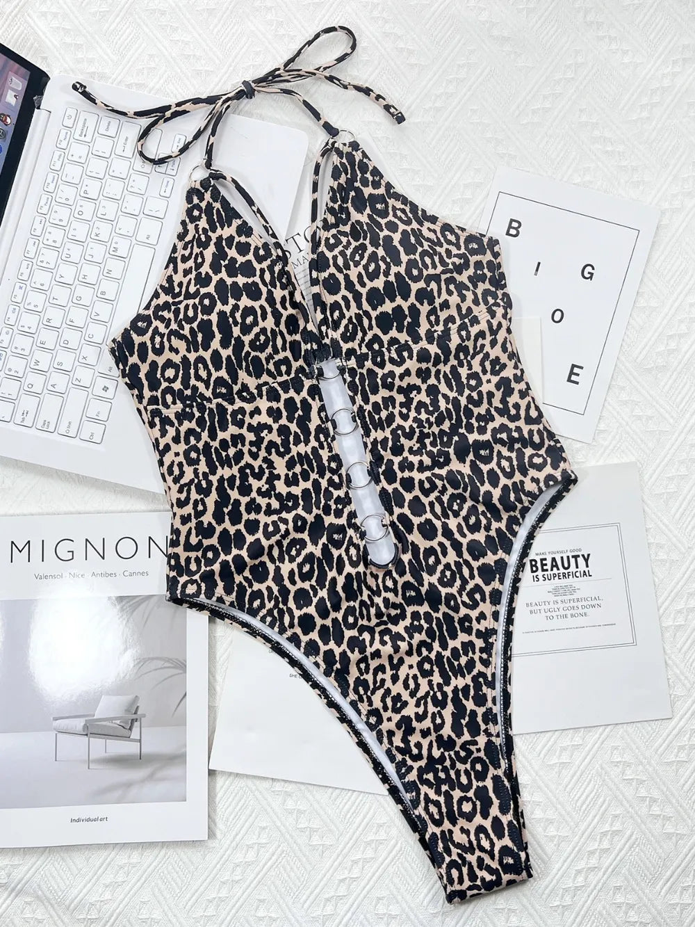 Leopard Cutout Halter Neck One-Piece Swimwear - cas7m