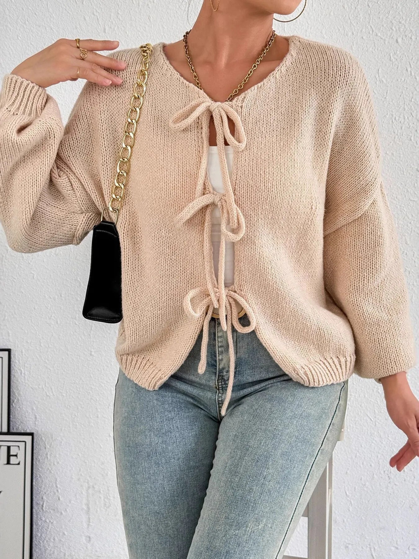 Cozy Bow-Tie Front Knit Cardigan - cas7m