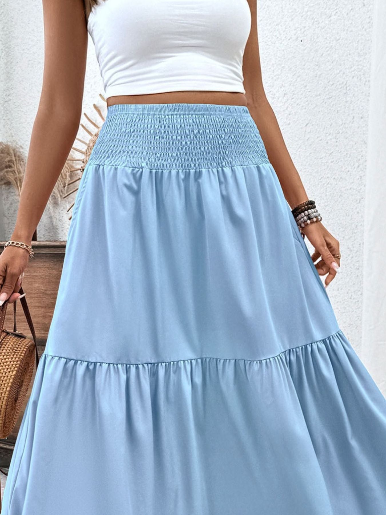 Smocked Waist Tiered Skirt - cas7m