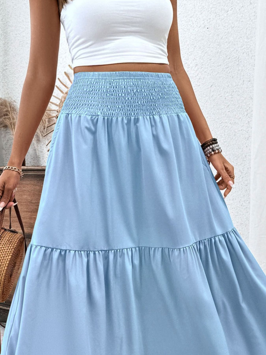 Smocked Waist Tiered Skirt - cas7m