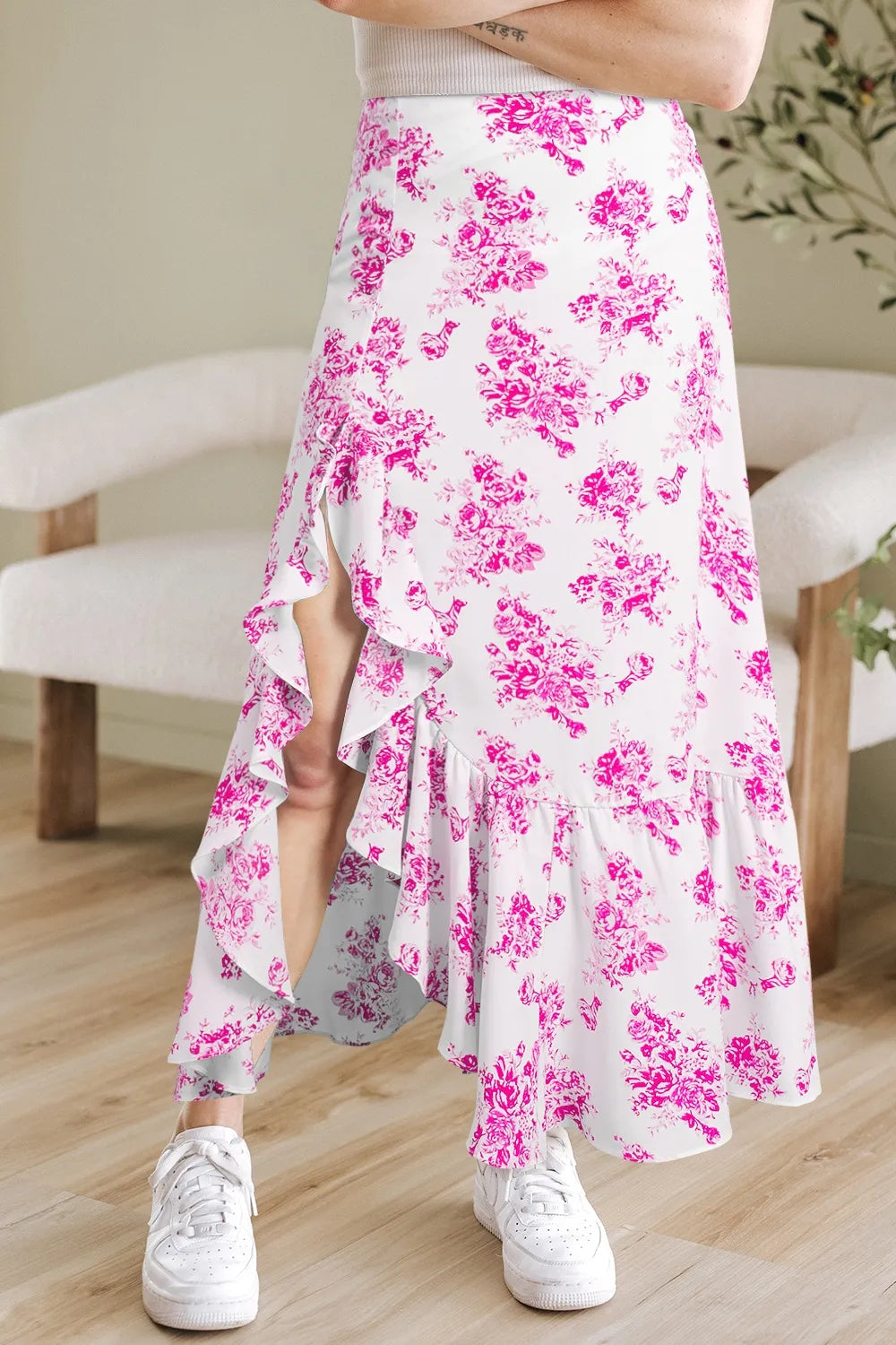Boho Floral High Waist Ruffle Split Maxi Skirt - cas7m