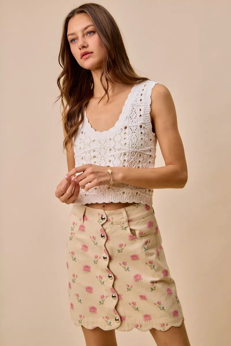 SO ME Floral Rose Print Cotton Twill Scallop Mini Skirt - cas7m