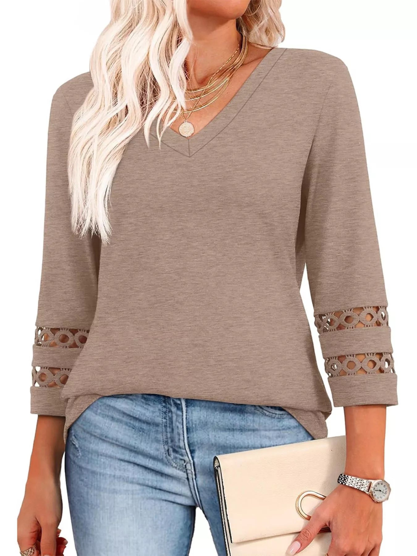 Full Size V-Neck 3/4 Sleeve T-Shirt Plus Size - cas7m